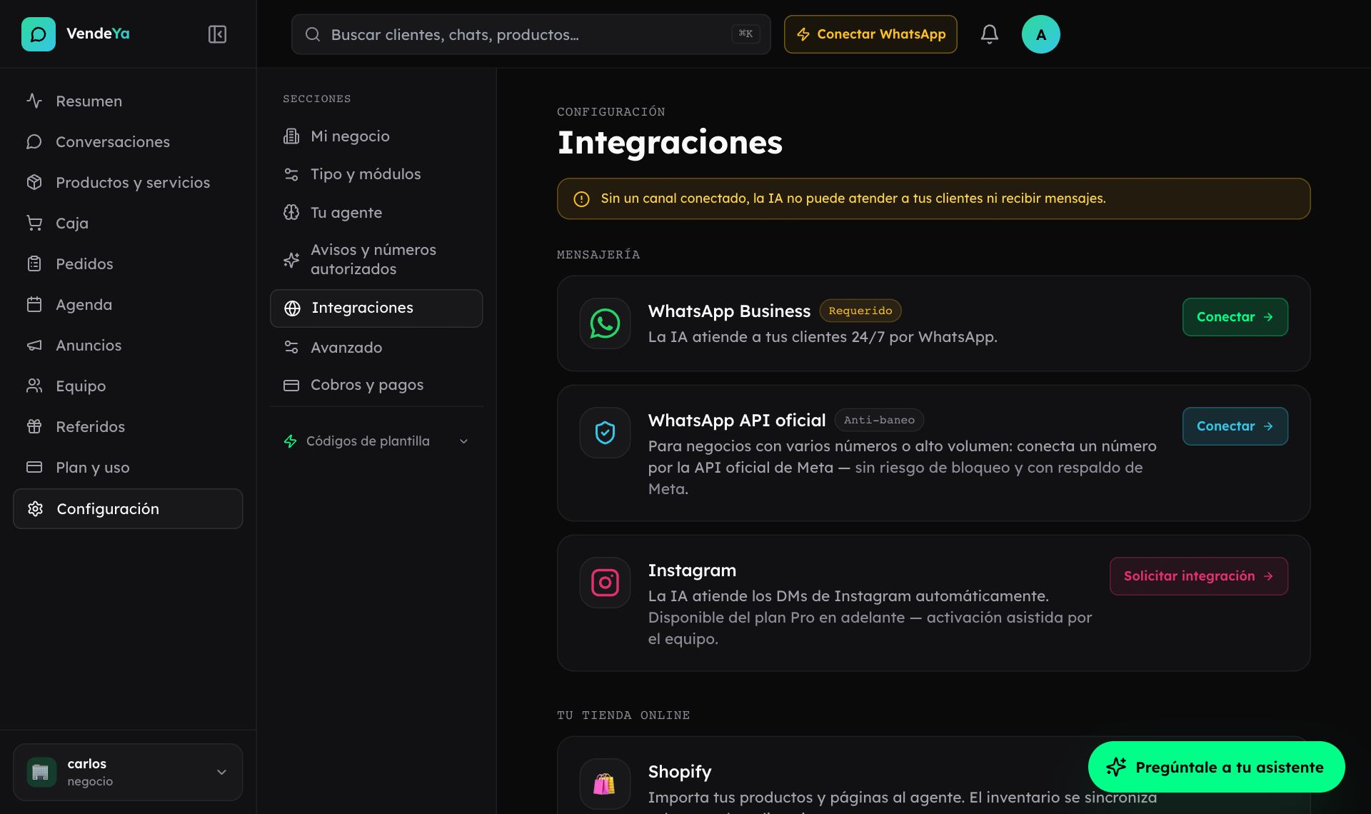 Tu panel: Toca «Conectar»